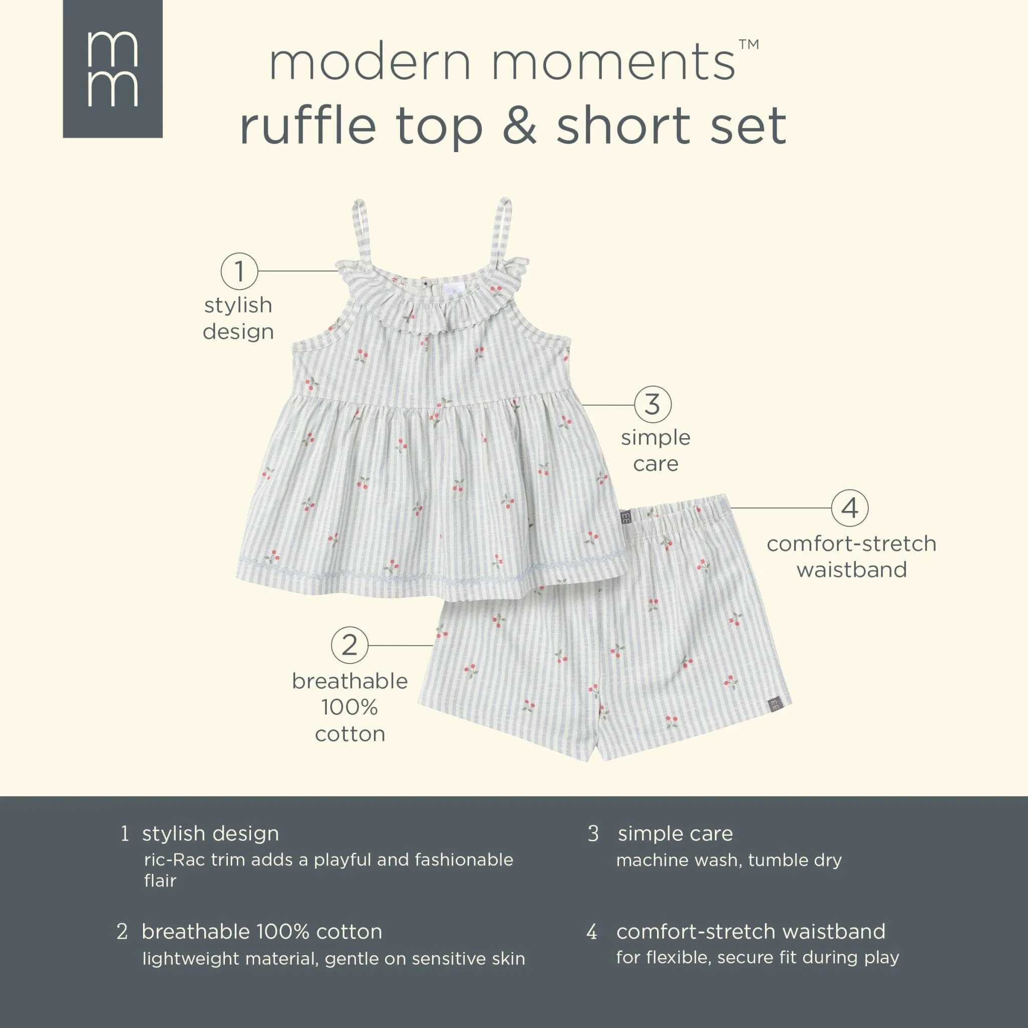 2-Piece Infant & Toddler Girls Cherry Stripes Ruffle Top and Shorts Set