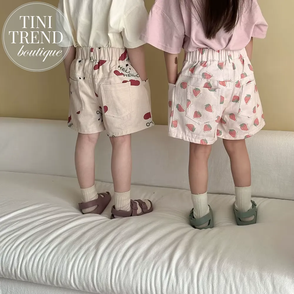 2025 New Summer Kids Cotton Shorts - Printed Loose Casual Boys Girls Pants with Strawberry Pattern