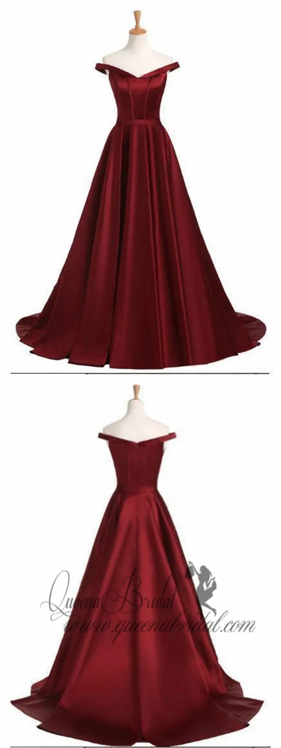 A-line/Princess Off the Shoulder Burgundy Long Prom Dresses, QB0306