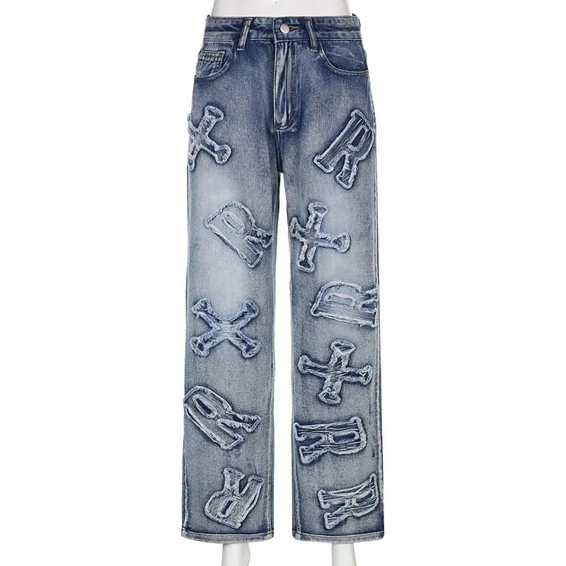 Alphabet Detail Straight Jeans
