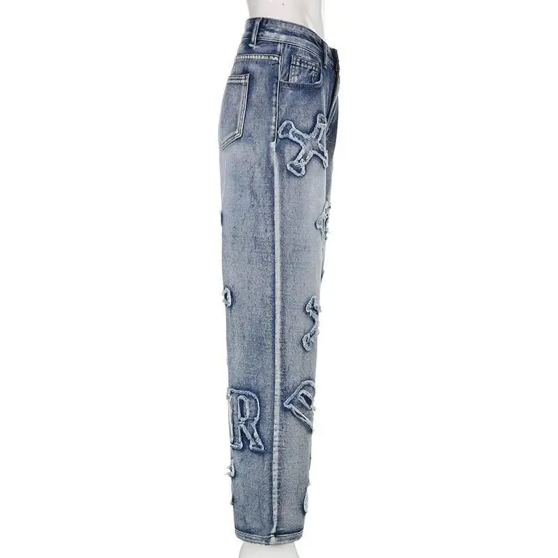 Alphabet Detail Straight Jeans