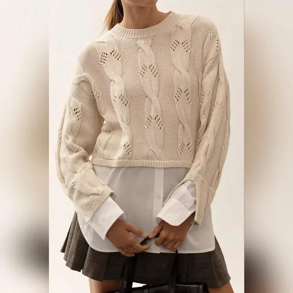 Anthropologie Pilcro Cable Knit Twofer Cream Sweater Over White Shirt