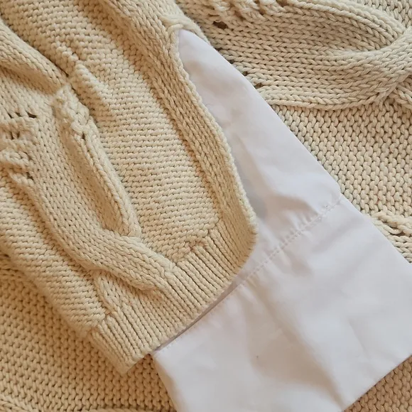 Anthropologie Pilcro Cable Knit Twofer Cream Sweater Over White Shirt
