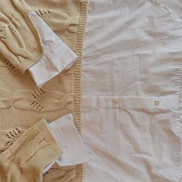 Anthropologie Pilcro Cable Knit Twofer Cream Sweater Over White Shirt