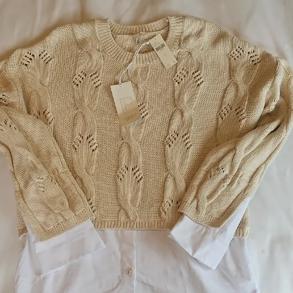 Anthropologie Pilcro Cable Knit Twofer Cream Sweater Over White Shirt