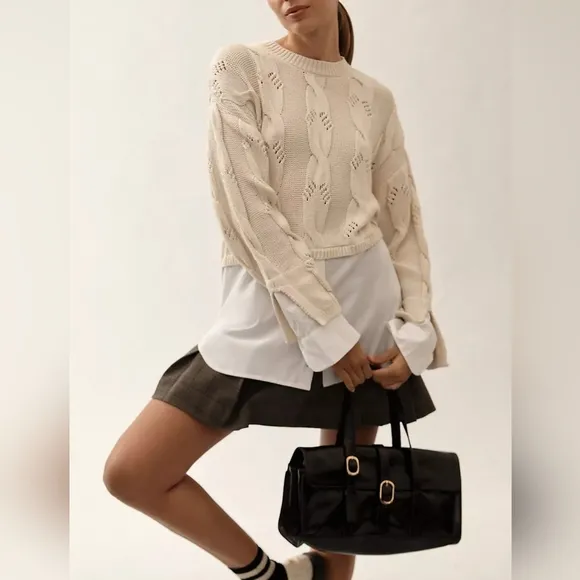 Anthropologie Pilcro Cable Knit Twofer Cream Sweater Over White Shirt