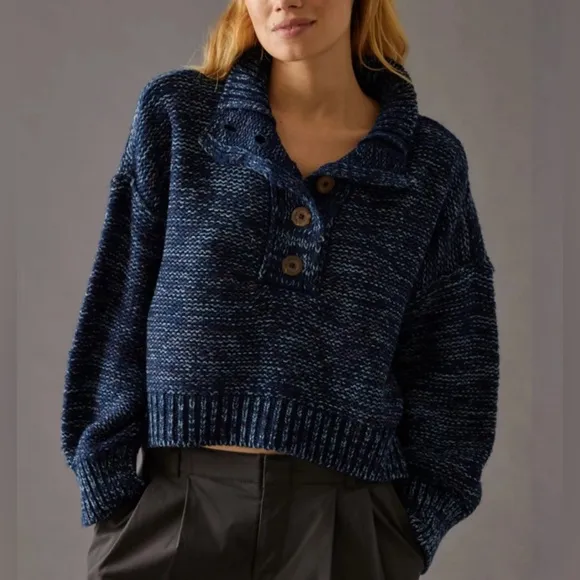 Anthropologie Pilcro Marled Henley Sweater Size XS blue knit oversized buttons