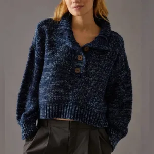 Anthropologie Pilcro Marled Henley Sweater Size XS blue knit oversized buttons