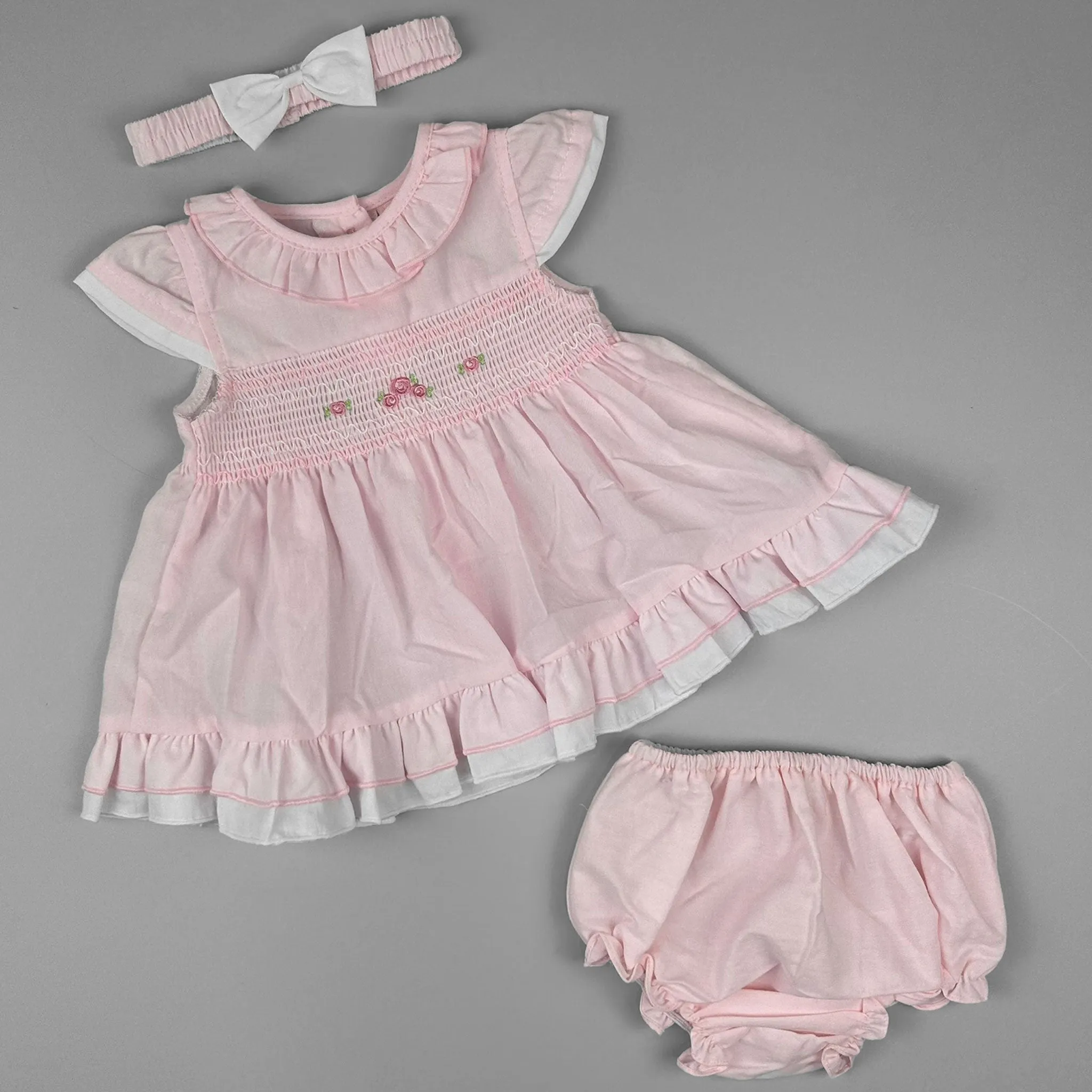 Baby Girl Pink Summer Dress with Rose Embroidery, Ruffle Collar & Matching Headband and Pants