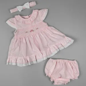 Baby Girl Pink Summer Dress with Rose Embroidery, Ruffle Collar & Matching Headband and Pants