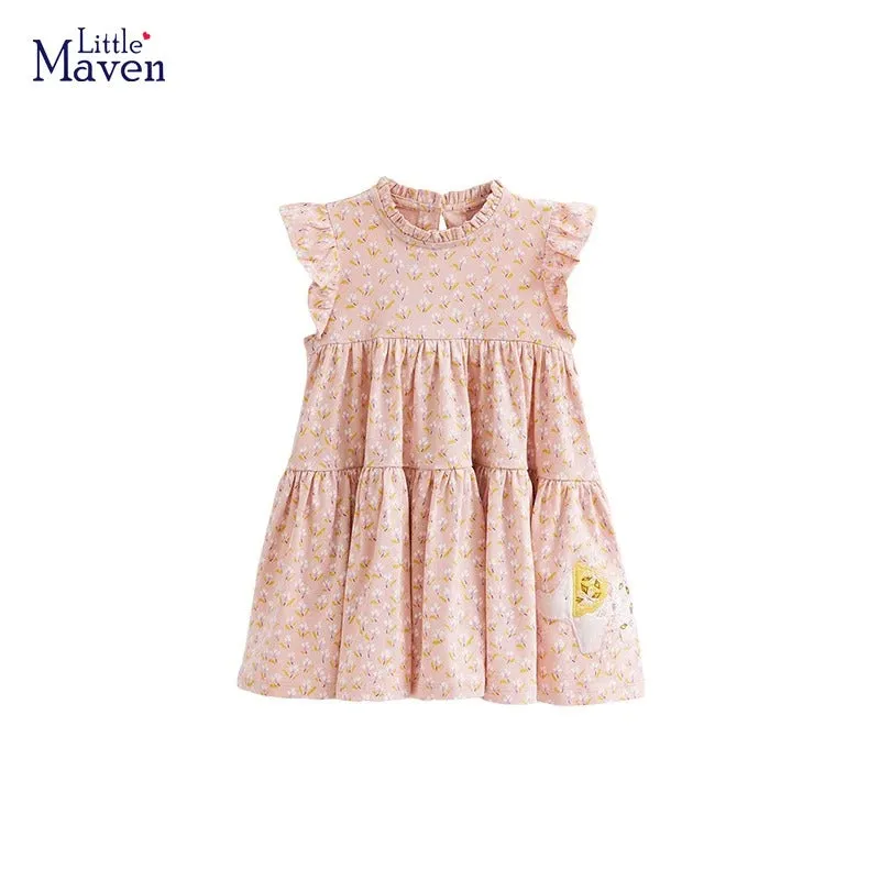 Baby Girls Summer Cotton Dress with Cartoon Elephant and Flowers - Beige