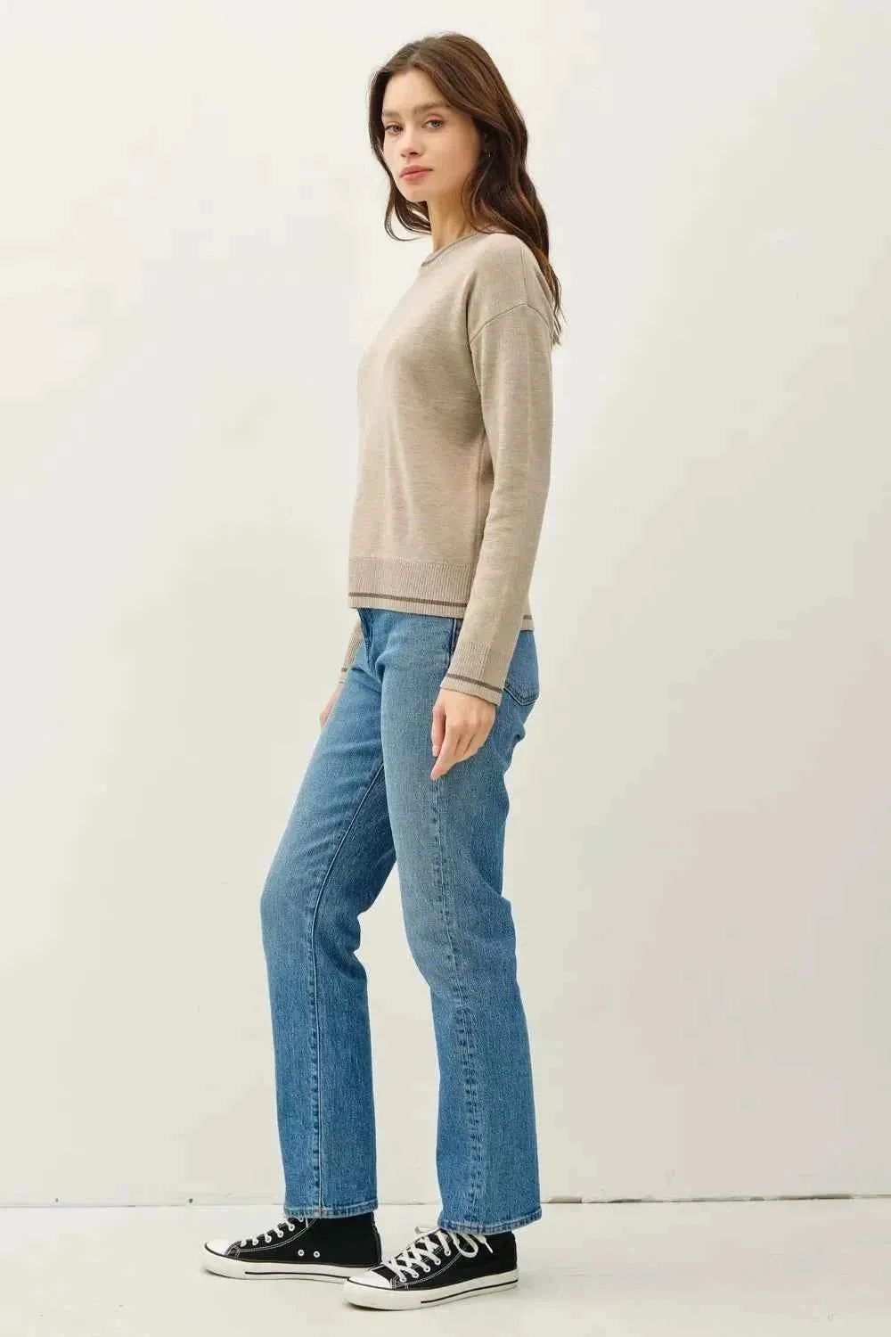 Be Cool Striped Trim Round Neck Long Sleeve Sweater