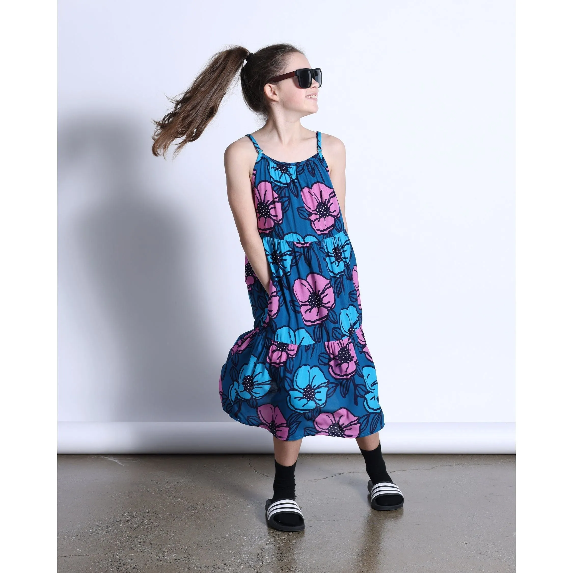 Big Flowers Midi Woven Dress- Teal