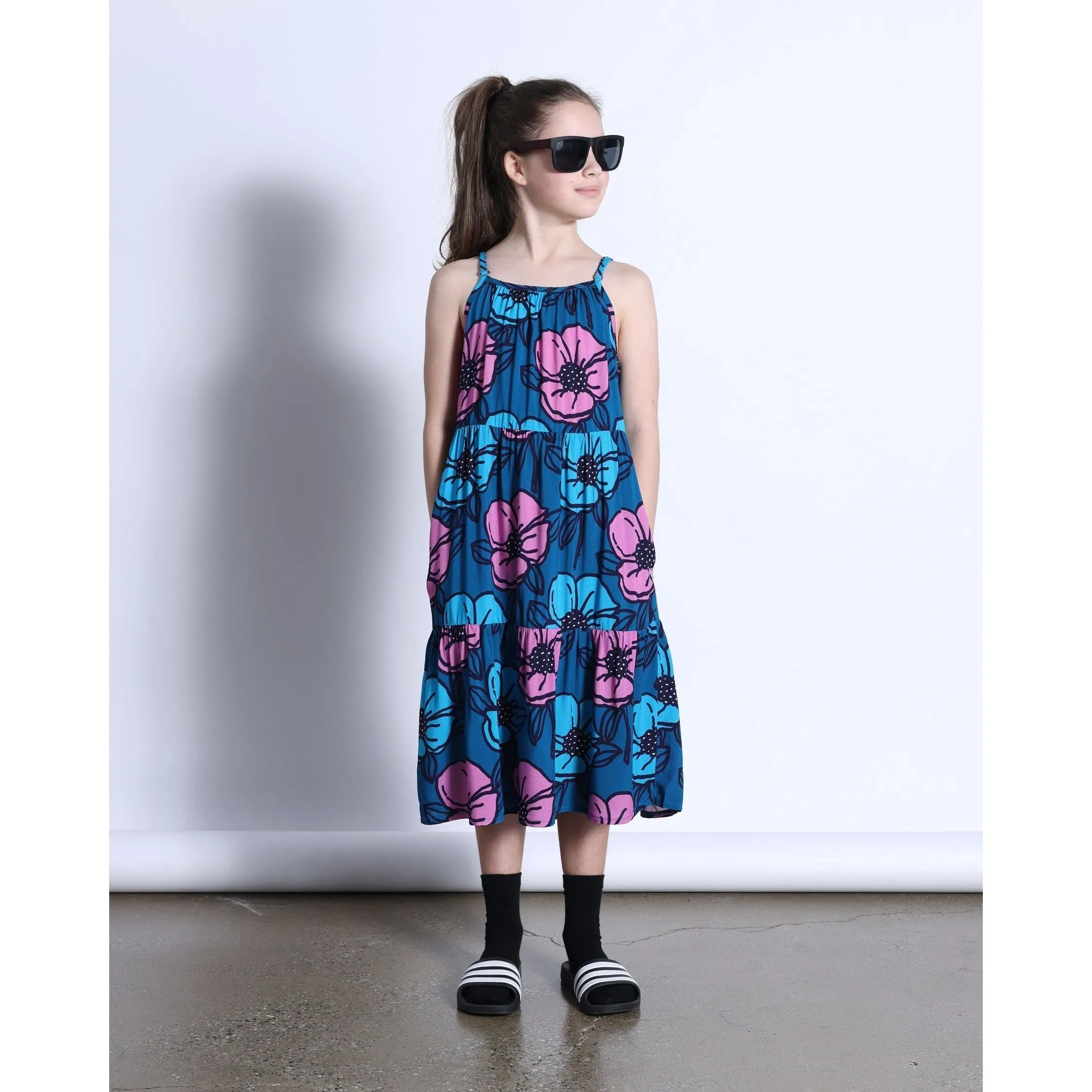 Big Flowers Midi Woven Dress- Teal