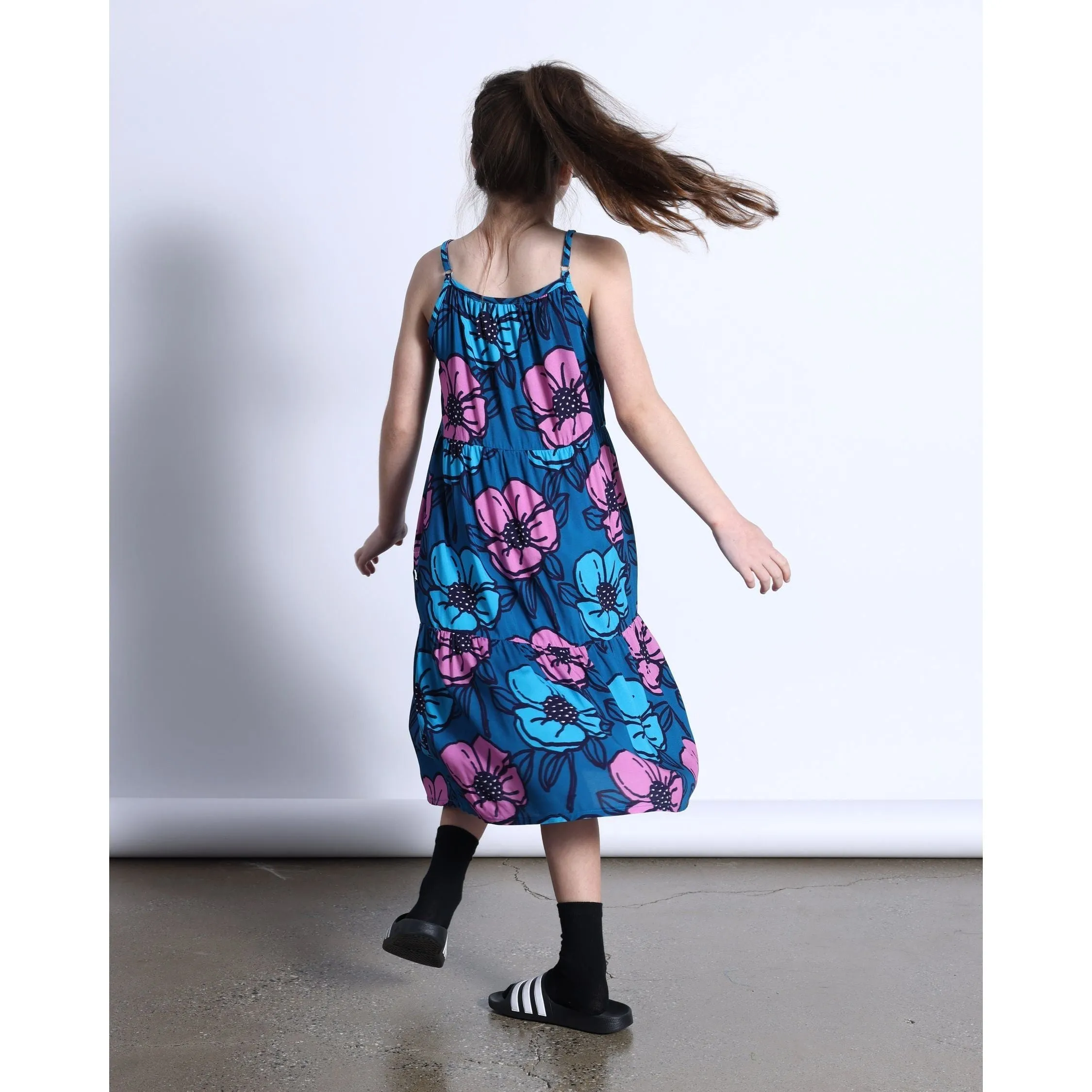 Big Flowers Midi Woven Dress- Teal