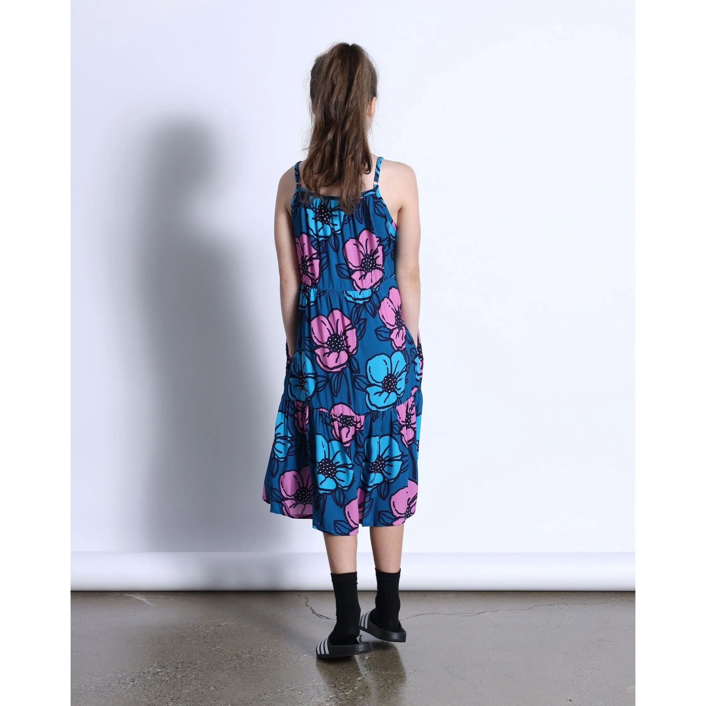 Big Flowers Midi Woven Dress- Teal