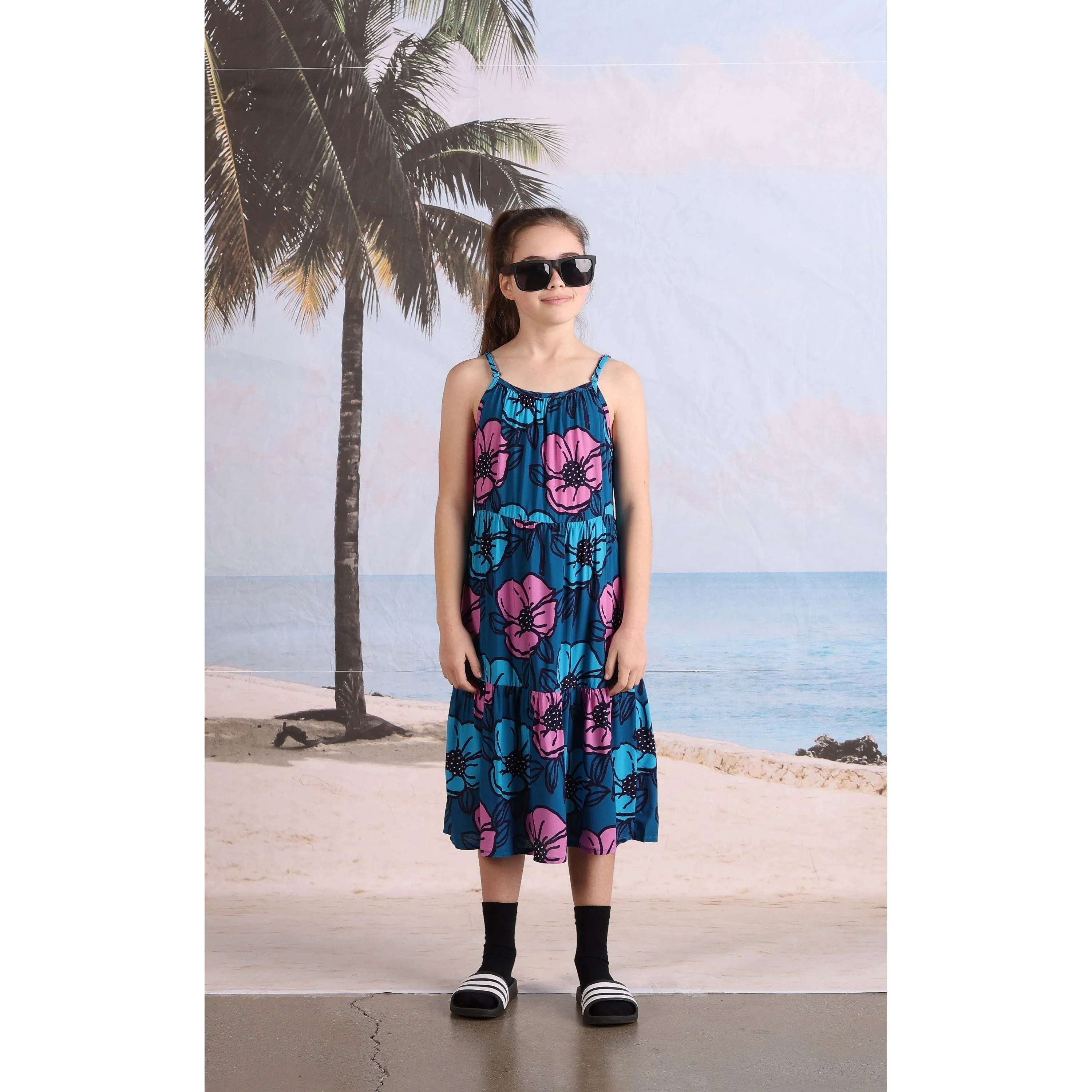 Big Flowers Midi Woven Dress- Teal