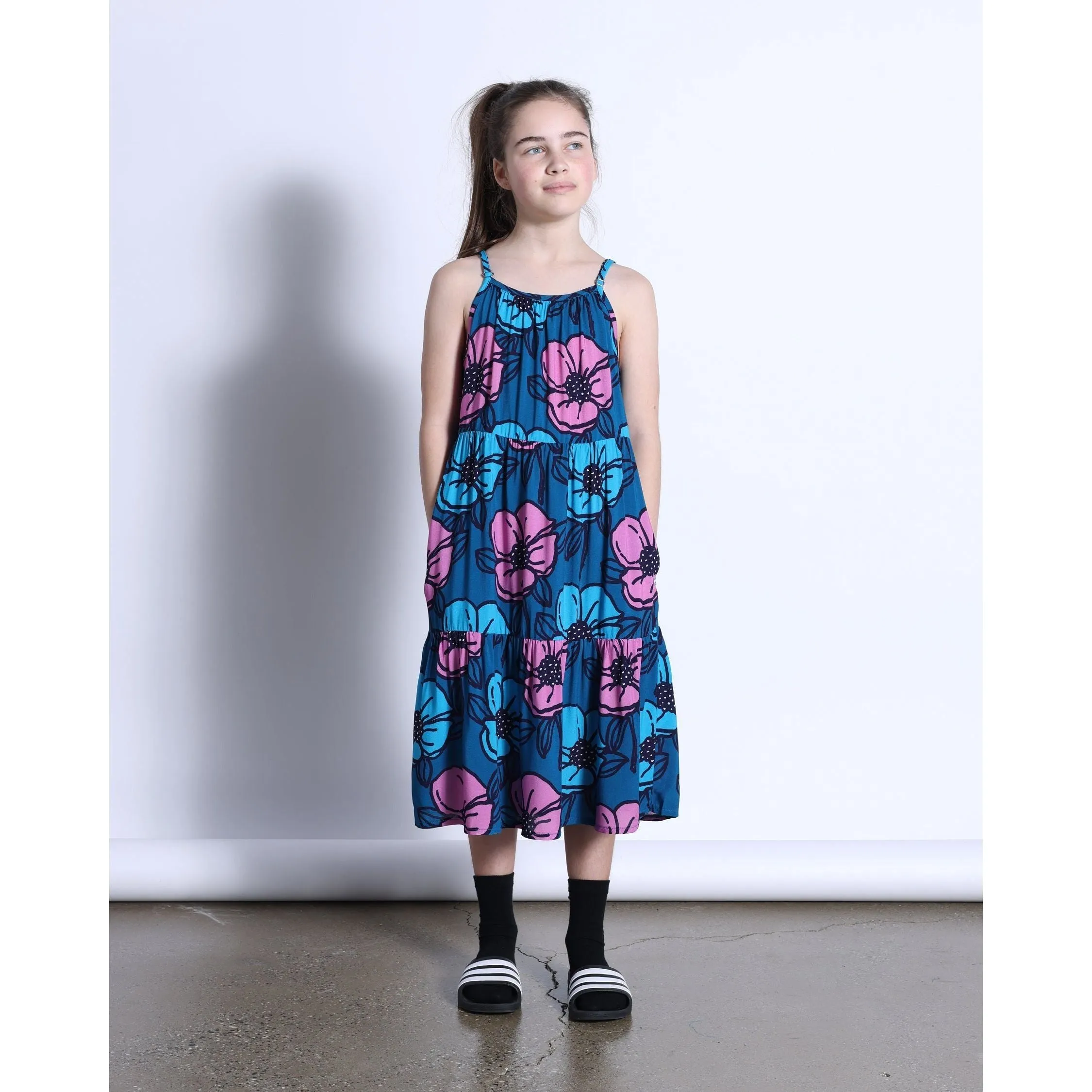 Big Flowers Midi Woven Dress- Teal