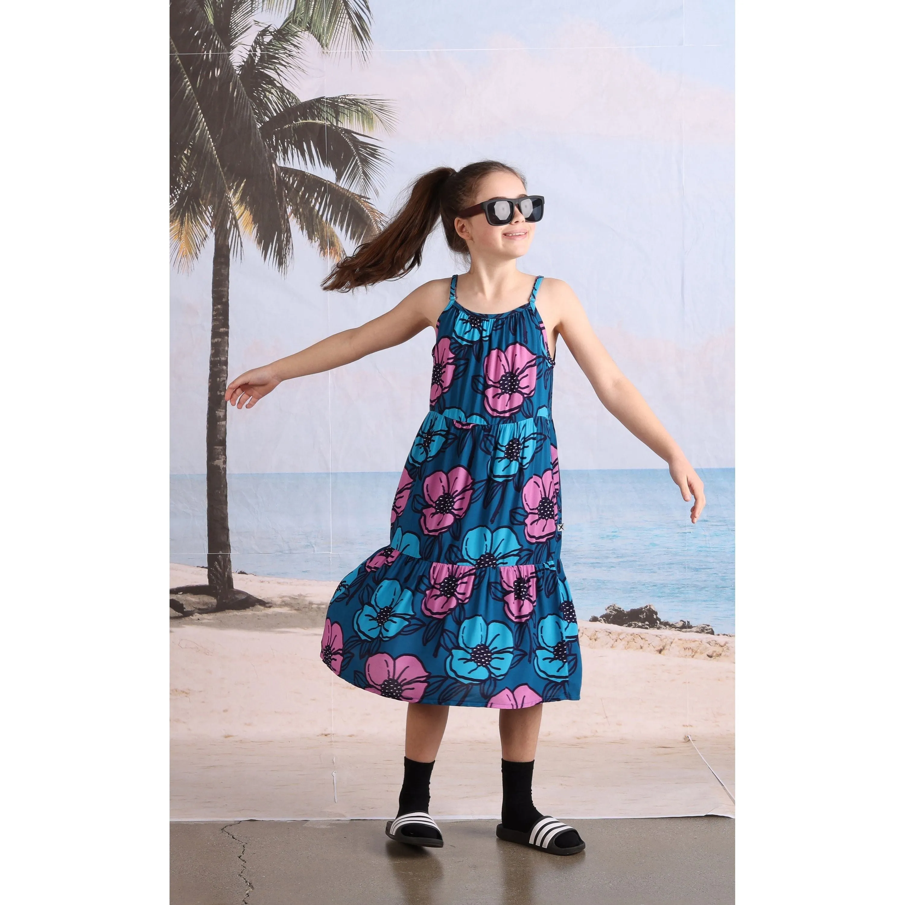 Big Flowers Midi Woven Dress- Teal
