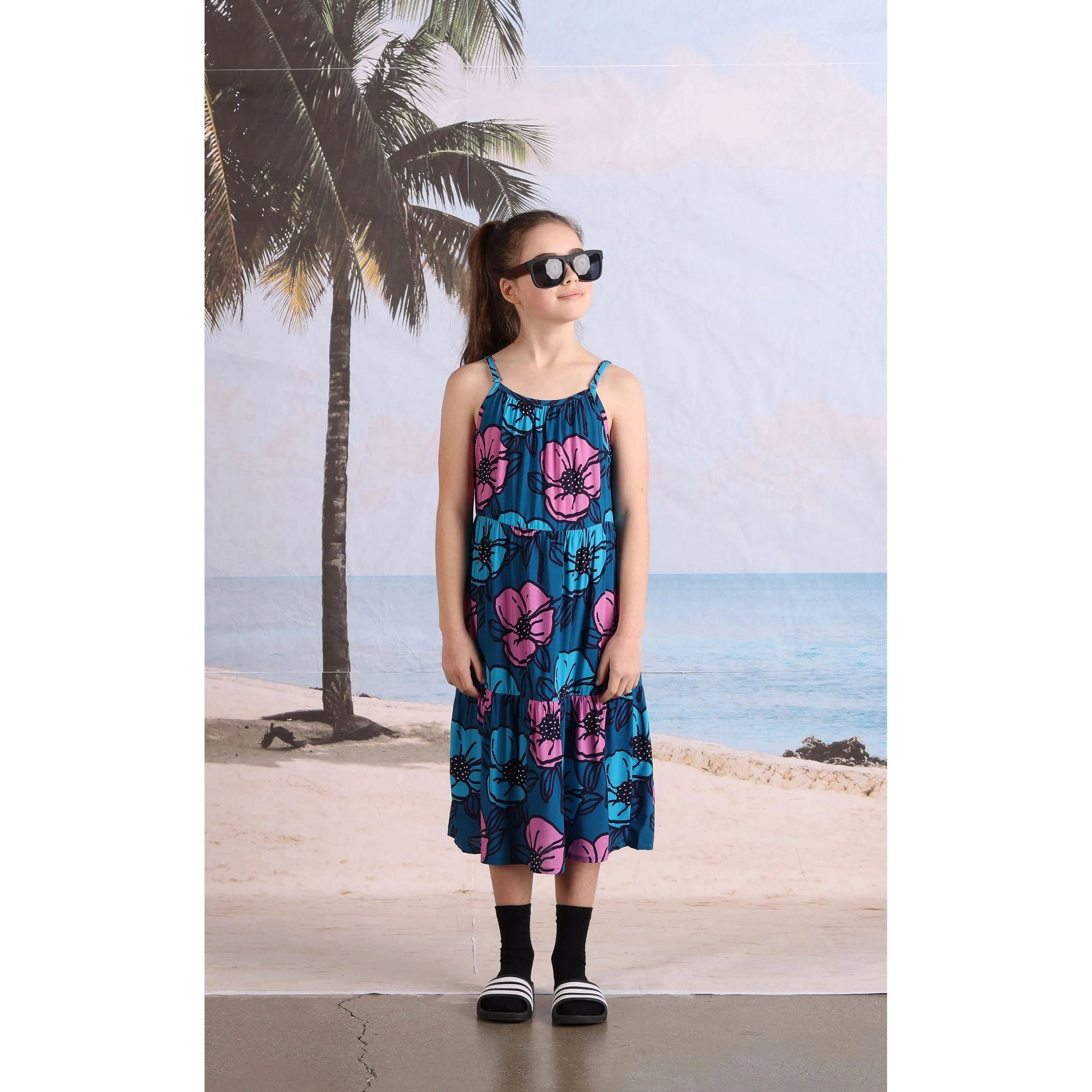 Big Flowers Midi Woven Dress- Teal