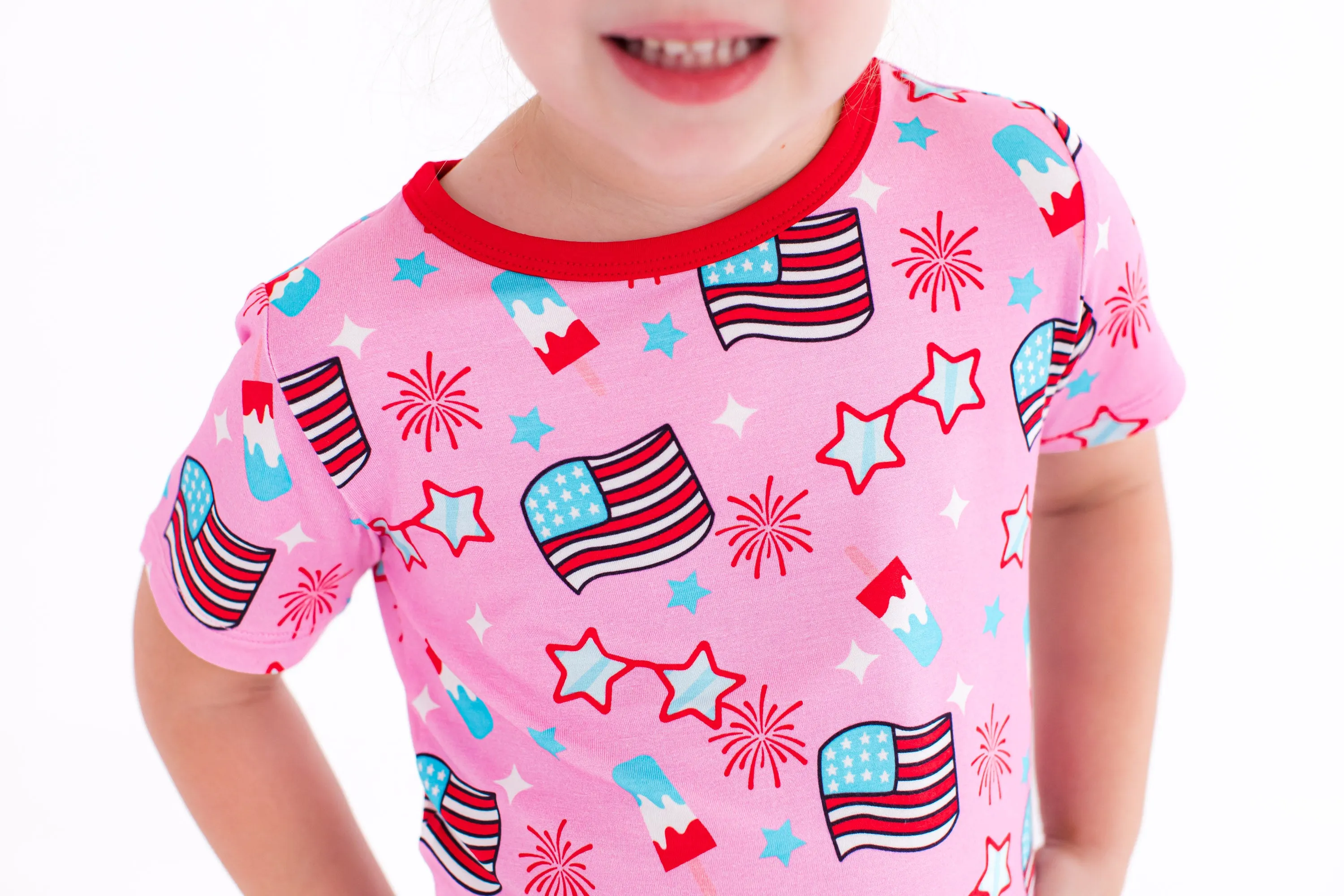 Birdie Bean Pink Glory 4th of July Print 2-piece Short Sleeve Kids Pajamas with Shorts