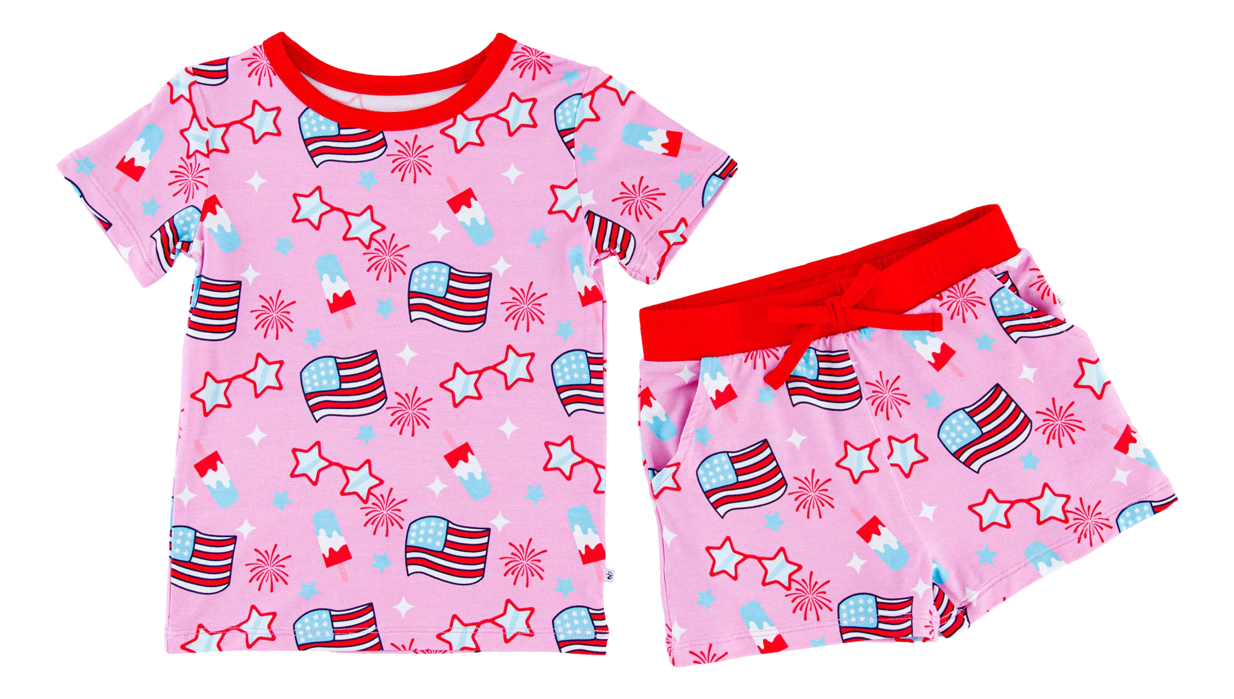 Birdie Bean Pink Glory 4th of July Print 2-piece Short Sleeve Kids Pajamas with Shorts