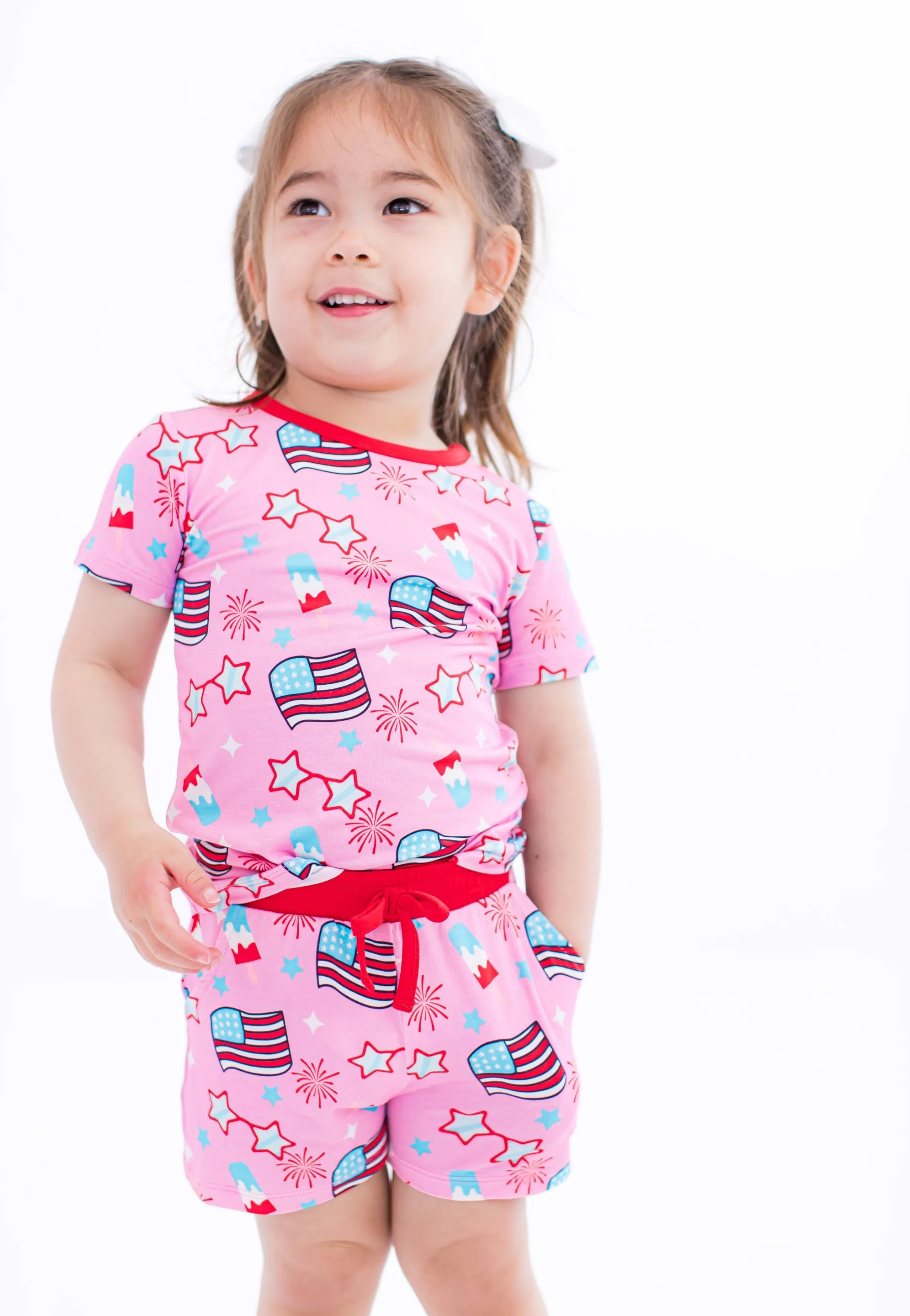 Birdie Bean Pink Glory 4th of July Print 2-piece Short Sleeve Kids Pajamas with Shorts
