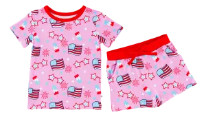 Birdie Bean Pink Glory 4th of July Print 2-piece Short Sleeve Kids Pajamas with Shorts