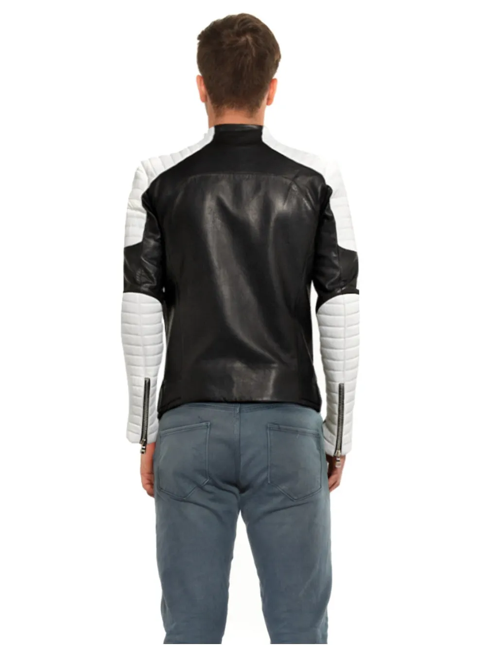 Black & White Belted Genuine Leather Jacket for Men