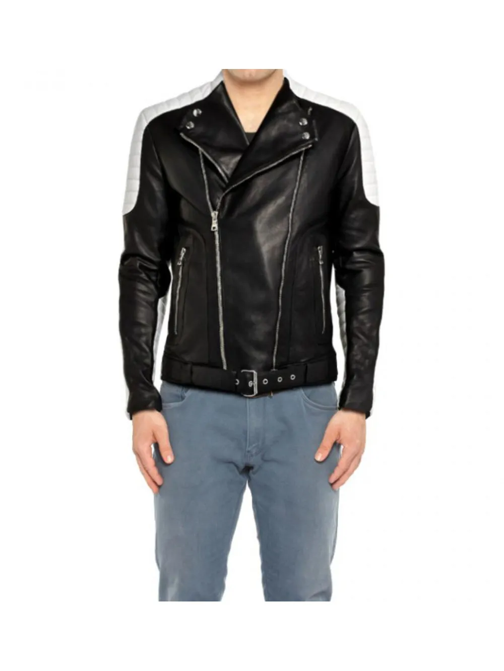 Black & White Belted Genuine Leather Jacket for Men
