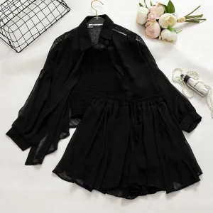 Black Sheer Shirt And Shorts Co-Ord Set