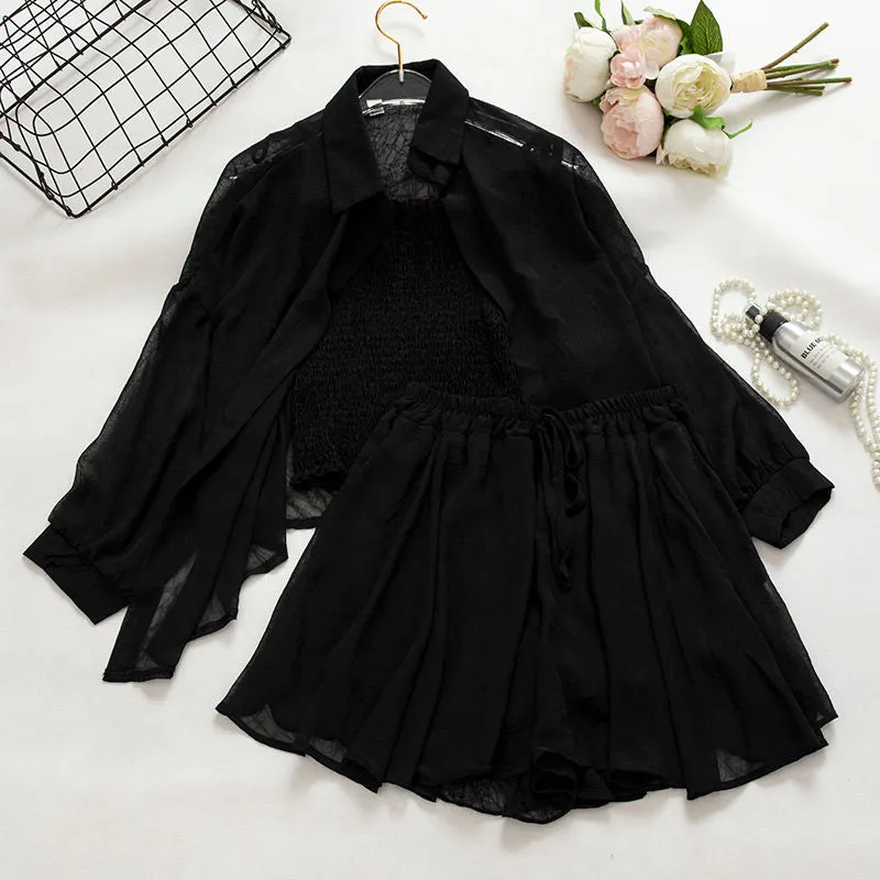 Black Sheer Shirt And Shorts Co-Ord Set