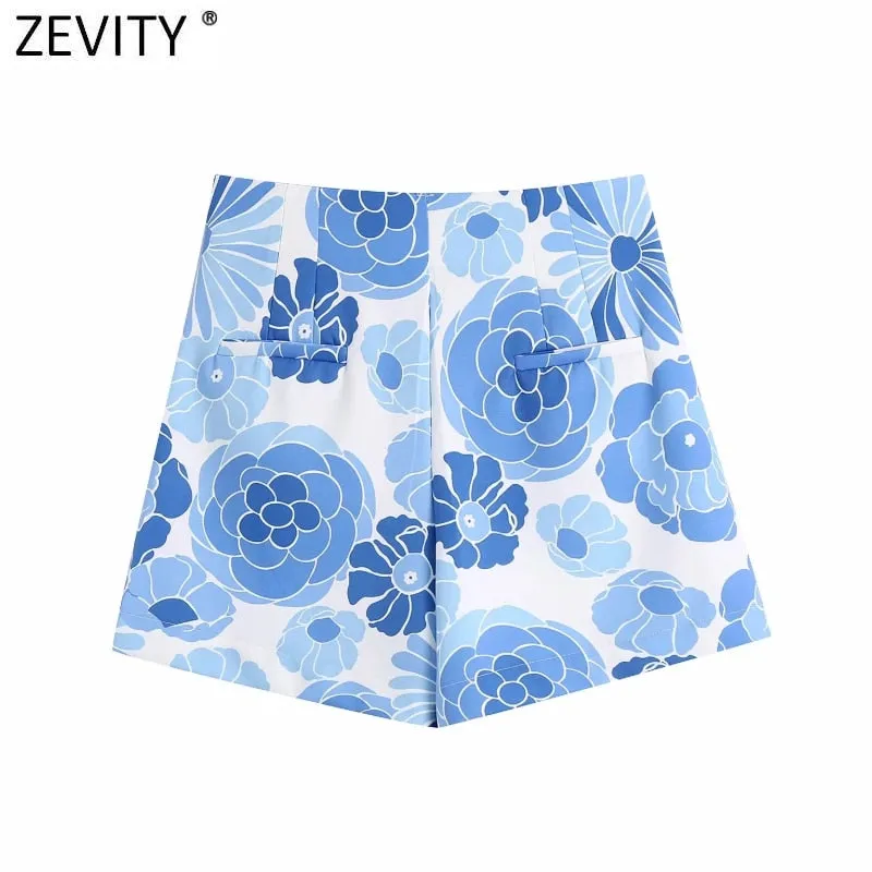 Blue Floral Print Shorts