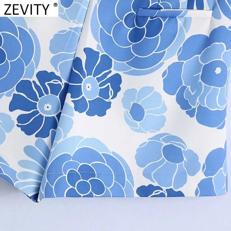 Blue Floral Print Shorts