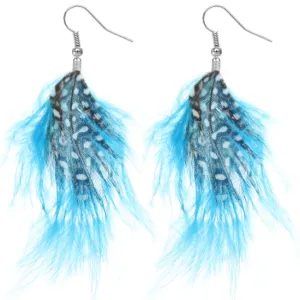 Blue Polka Dot Flowy Feather Earrings