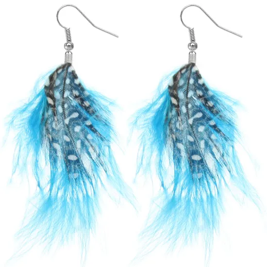 Blue Polka Dot Flowy Feather Earrings