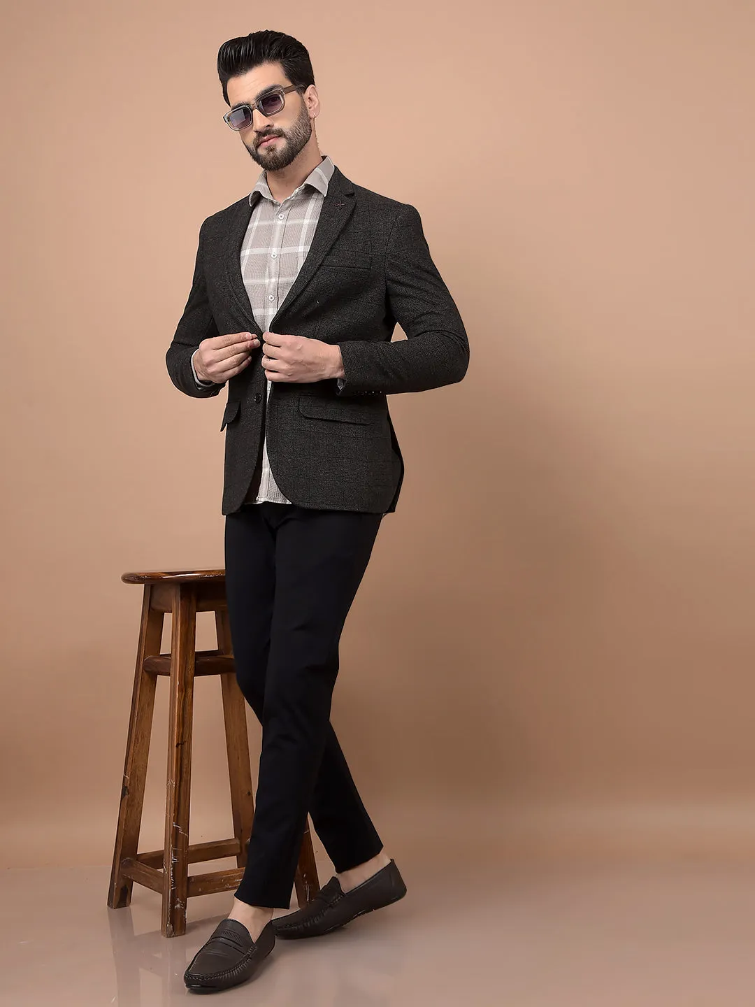 Brown Checked Single Breasted Blazer