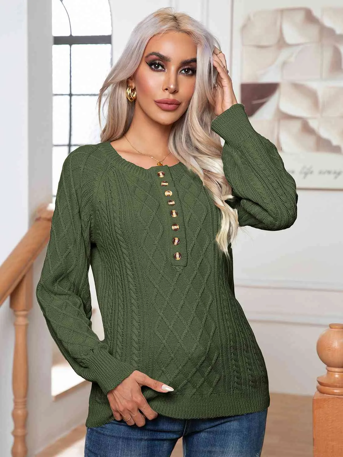 Cable-Knit Round Neck Buttoned Sweater (3 Colors)