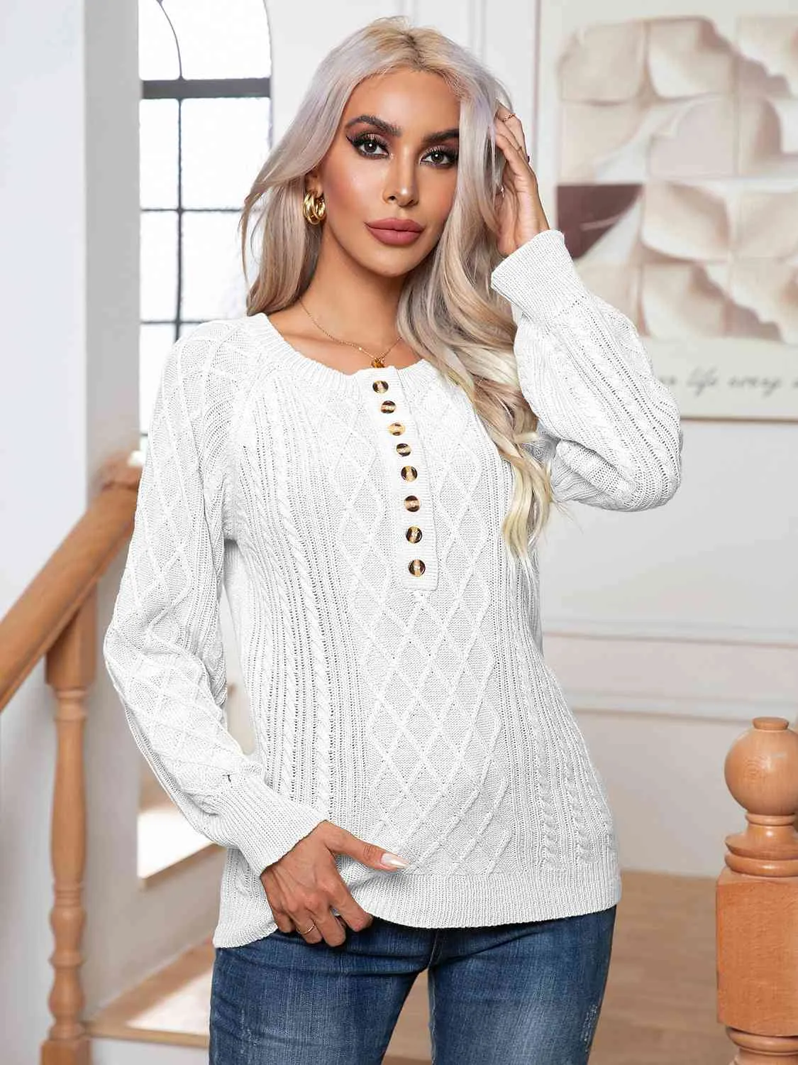 Cable-Knit Round Neck Buttoned Sweater (3 Colors)