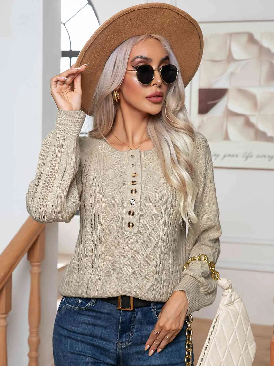 Cable-Knit Round Neck Buttoned Sweater (3 Colors)