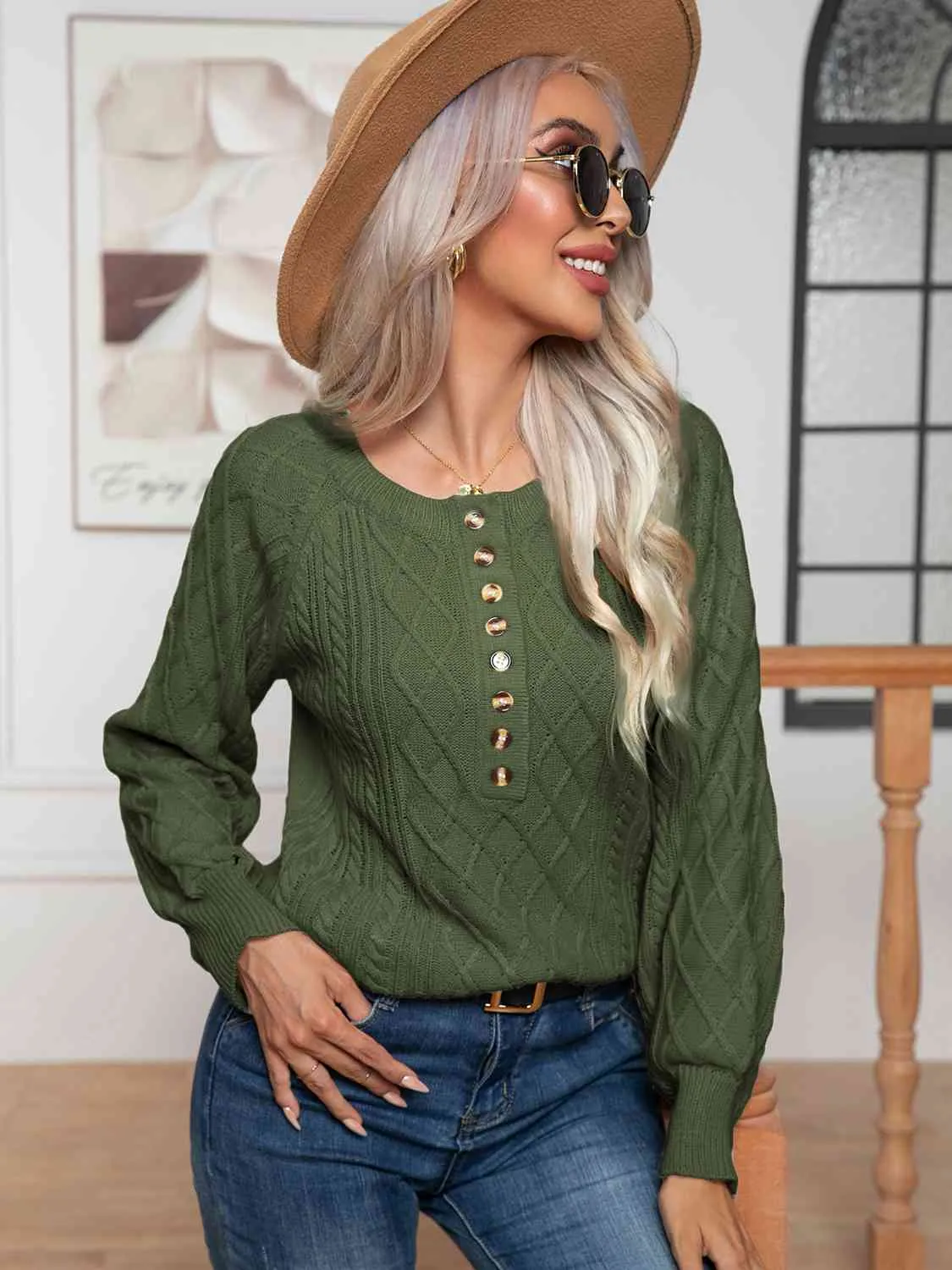 Cable-Knit Round Neck Buttoned Sweater (3 Colors)