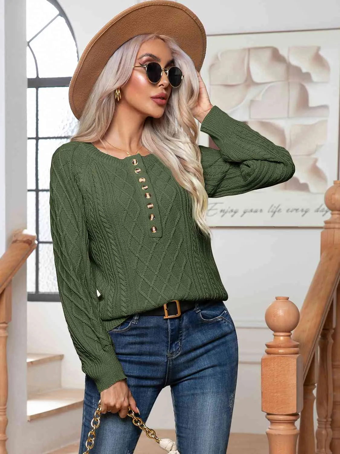 Cable-Knit Round Neck Buttoned Sweater (3 Colors)