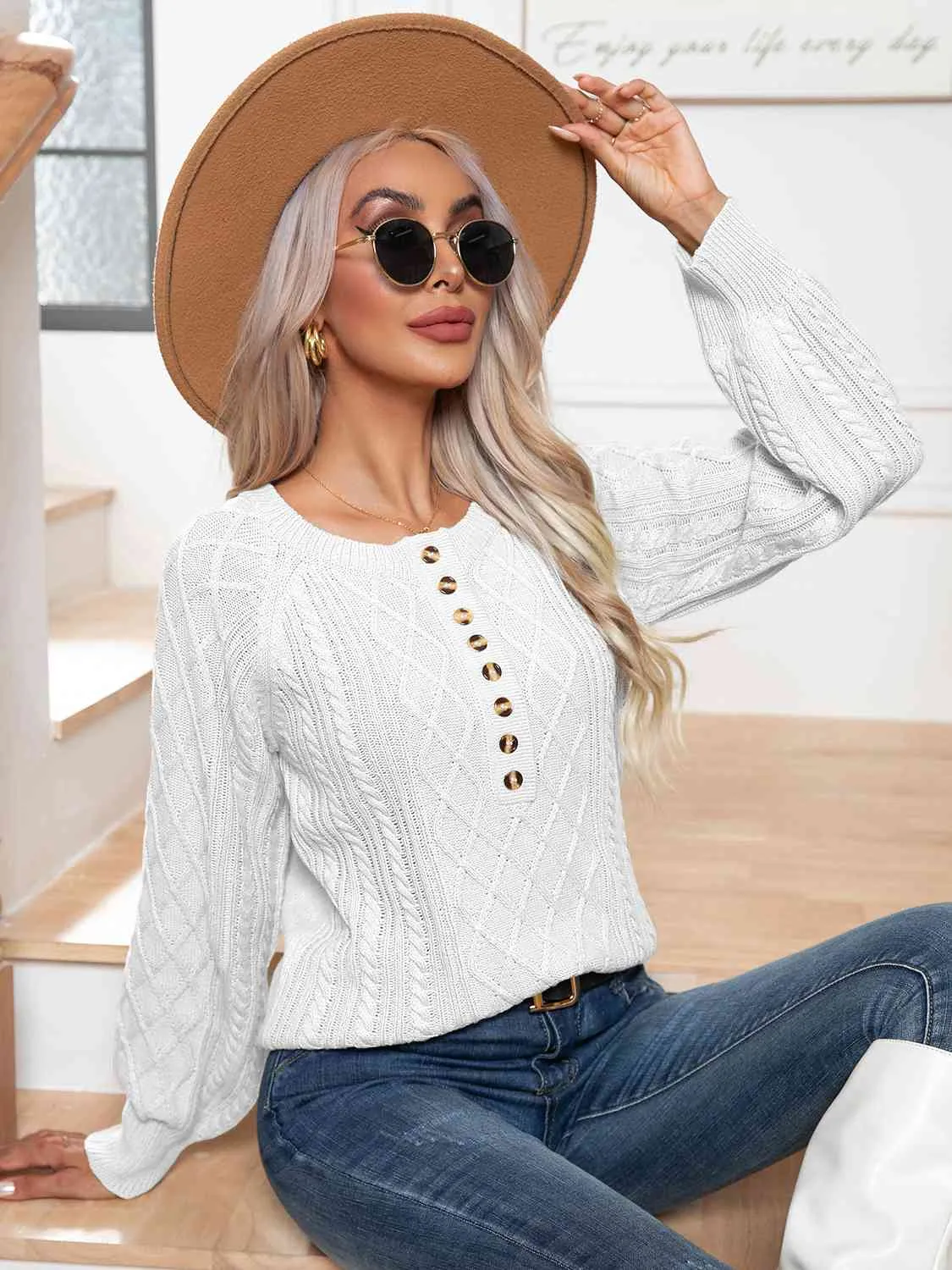 Cable-Knit Round Neck Buttoned Sweater (3 Colors)