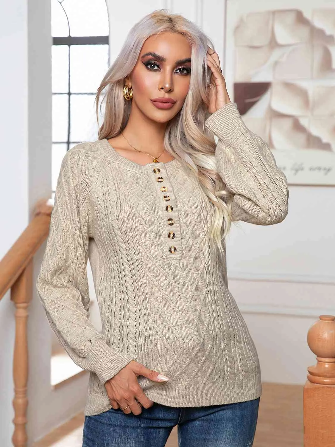 Cable-Knit Round Neck Buttoned Sweater (3 Colors)