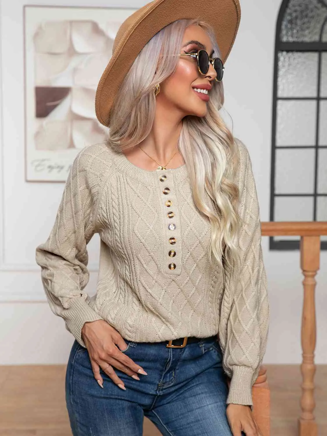 Cable-Knit Round Neck Buttoned Sweater (3 Colors)
