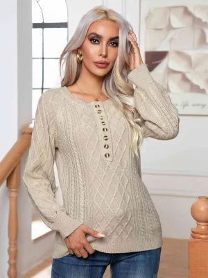 Cable-Knit Round Neck Buttoned Sweater (3 Colors)