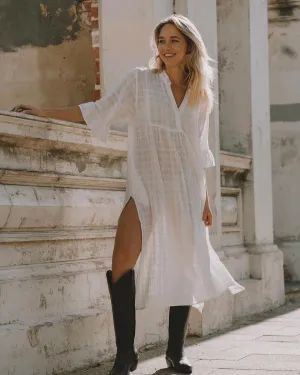 Camille Peasant Dress in White Cotton