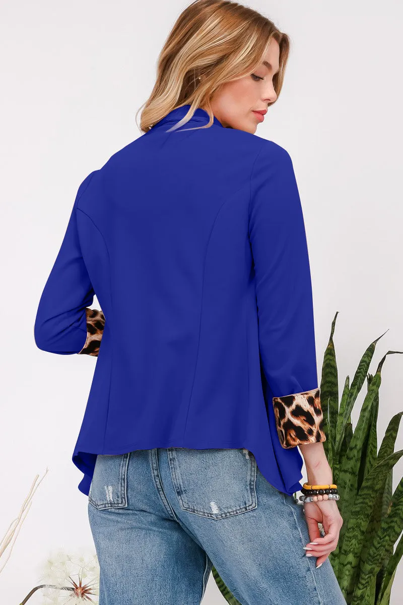 Celeste Rolled Leopard Cuff Open Front Blazer