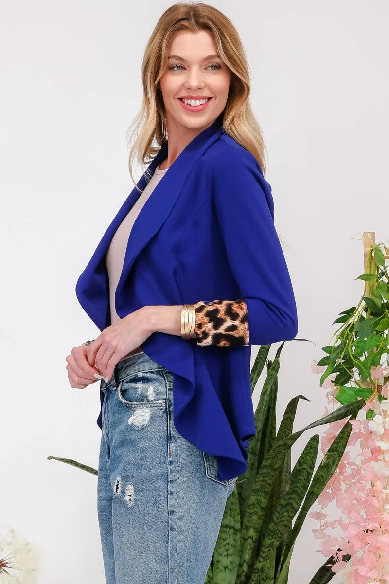 Celeste Rolled Leopard Cuff Open Front Blazer