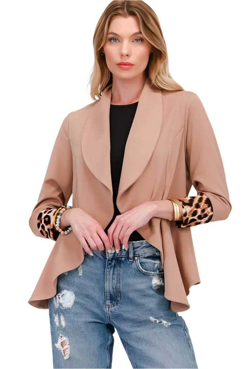 Celeste Rolled Leopard Cuff Open Front Blazer